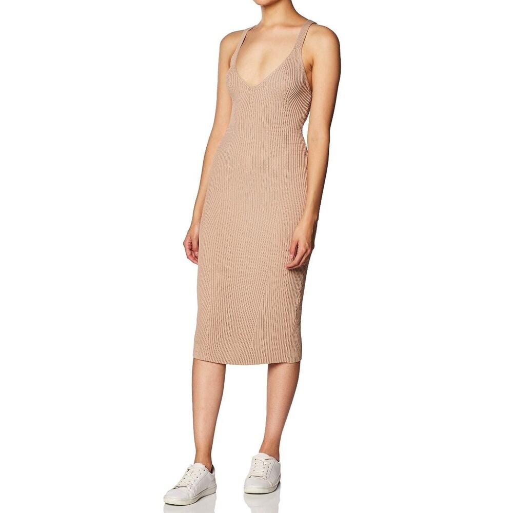 SHEIN‎ Women’s Sleeveless V-Neck Bodycon Ribbed Knit Stretch Beige Dress Size S